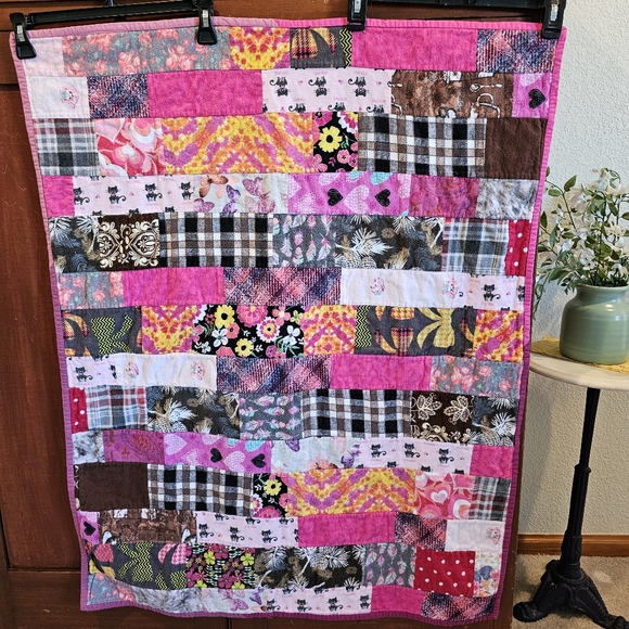 Handmade Other - Colorful Pink W/Cats Patchwork Quilt 39 X 31 Handmade